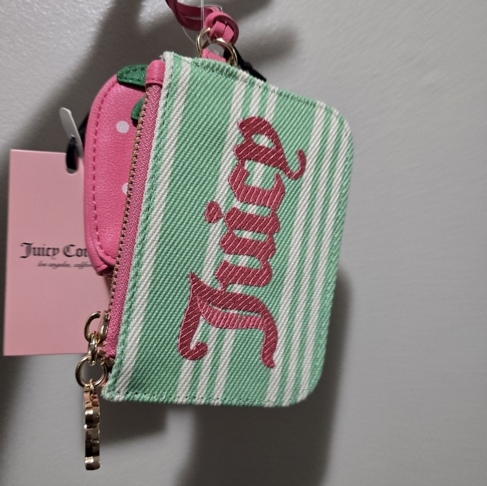 Juicy Couture Mint Green & Pink Stripe Wristlet with Strawberry Charm - Picture 9 of 11